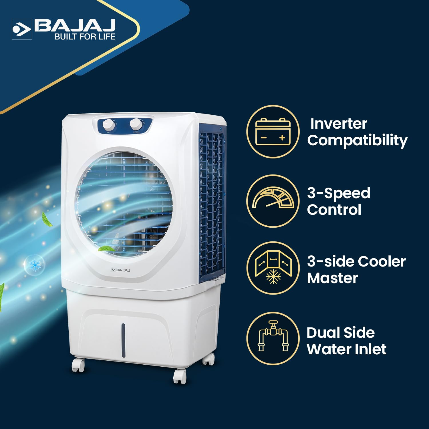 Bajaj Shield Series Velar Desert Air Cooler DuraTuff Motor DuraMarine Pump Inverter Compatible Anti-Bacterial Hexacool 70L Air Cooler Cooling for Large Rooms White Desert Cooler