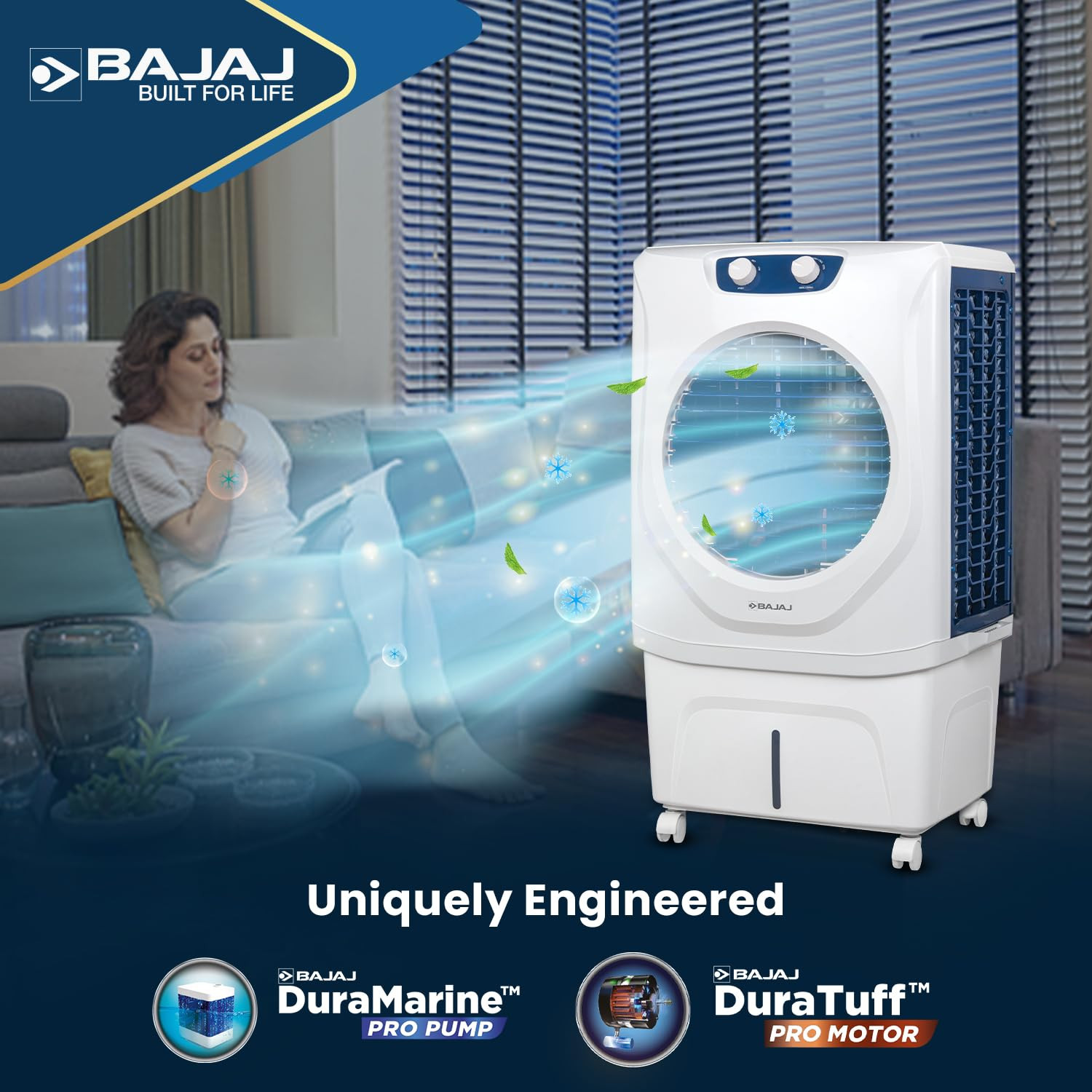 Bajaj Shield Series Velar Desert Air Cooler DuraTuff Motor DuraMarine Pump Inverter Compatible Anti-Bacterial Hexacool 70L Air Cooler Cooling for Large Rooms White Desert Cooler