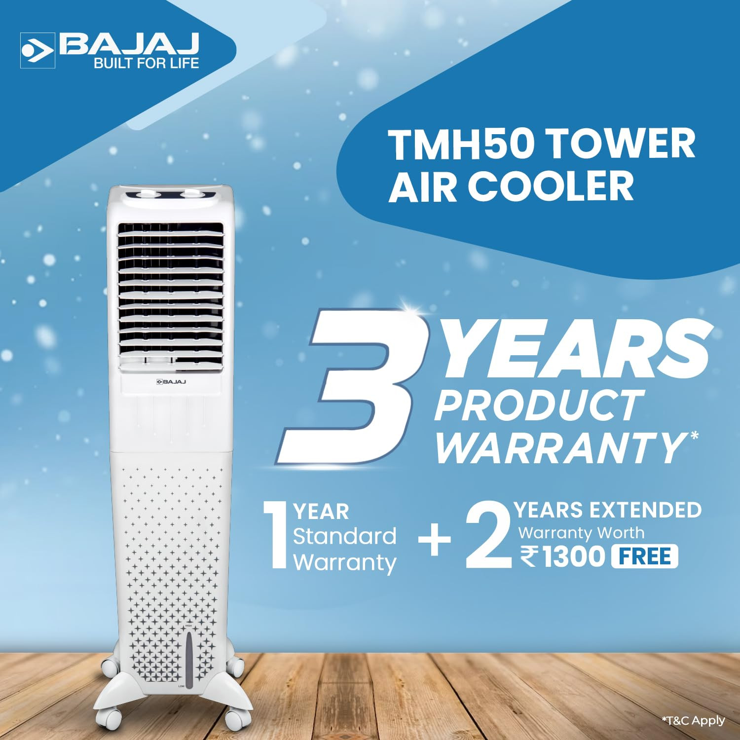 Bajaj TMH50 Tower Air Cooler for Room 50LFor Larger RoomInverter CompatibilityHoneycomb Cooling PadsTyphoon Blower TechPortable AC30-Ft Air Throw3-Yr Product 2-Yr Pump 1-Yr Motor WarrantyWhite