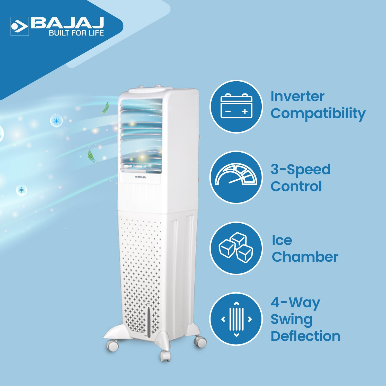 Bajaj TMH50 Tower Air Cooler for Room 50LFor Larger RoomInverter CompatibilityHoneycomb Cooling PadsTyphoon Blower TechPortable AC30-Ft Air Throw3-Yr Product 2-Yr Pump 1-Yr Motor WarrantyWhite