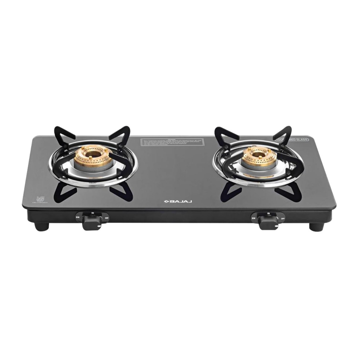 Bajaj Ucx 2 Burner Slim Glass Top Gas StoveSlim Frame Glass Cooktop 2-Brass Burners 360 Degree Swivel Nozzle Stainless Steel Drip Tray Black Open