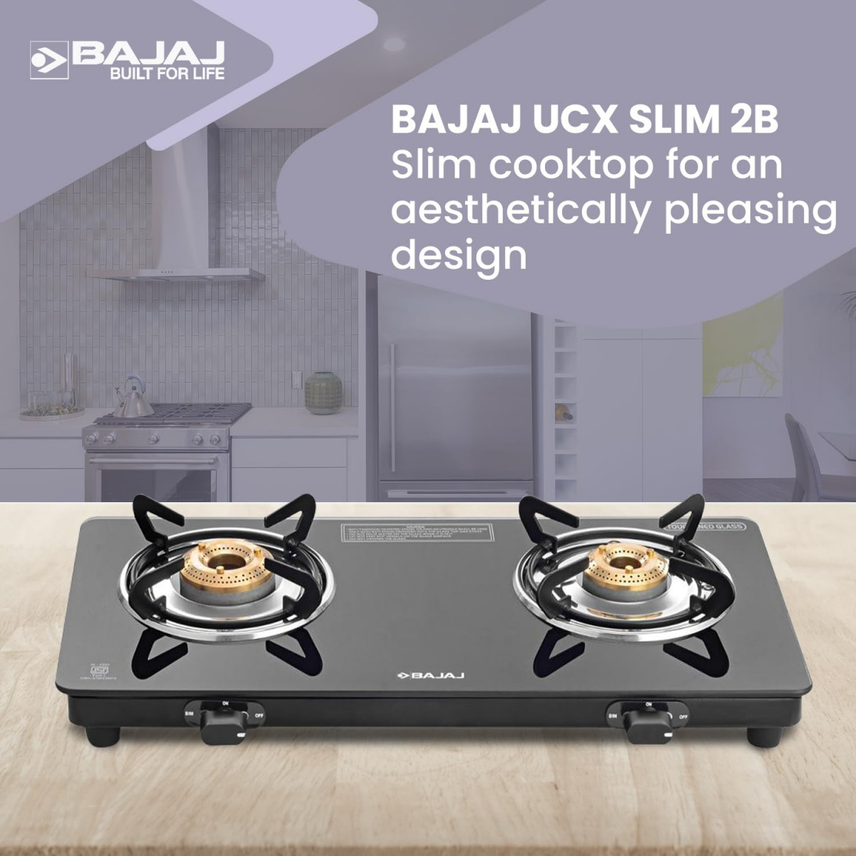 Bajaj Ucx 2 Burner Slim Glass Top Gas StoveSlim Frame Glass Cooktop 2-Brass Burners 360 Degree Swivel Nozzle Stainless Steel Drip Tray Black Open