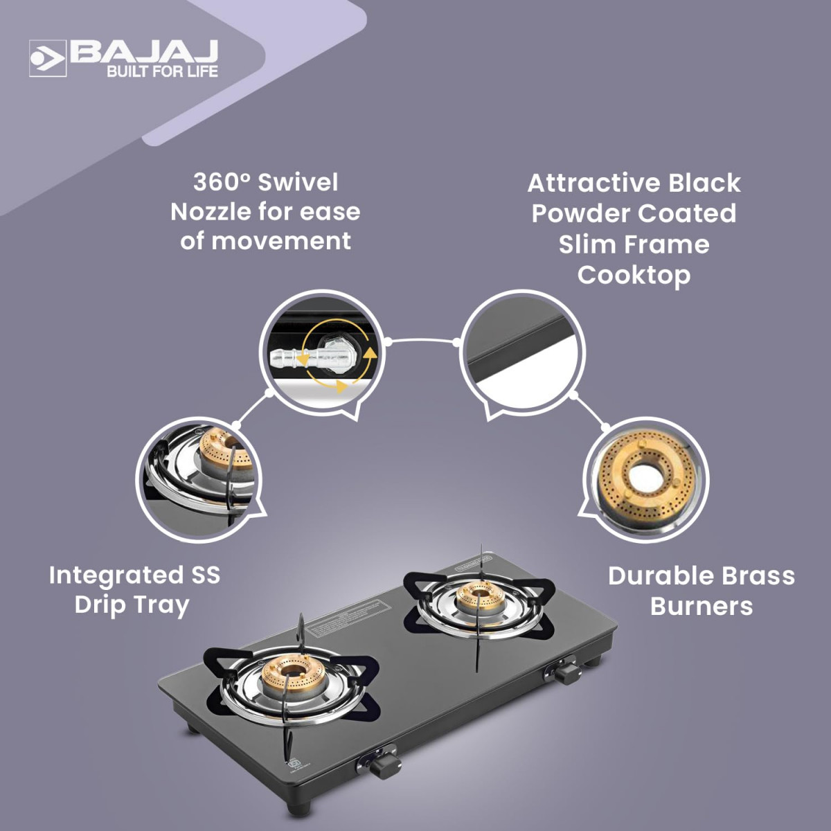 Bajaj Ucx 2 Burner Slim Glass Top Gas StoveSlim Frame Glass Cooktop 2-Brass Burners 360 Degree Swivel Nozzle Stainless Steel Drip Tray Black Open