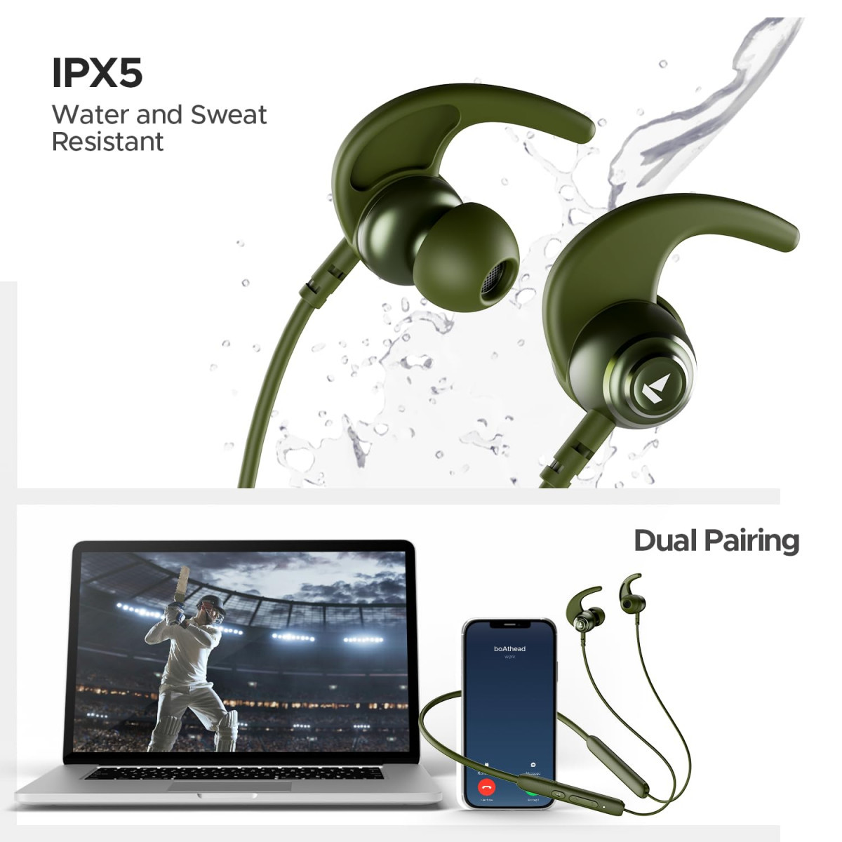 boAt Rockerz 268 Bluetooth in Ear Earphones with Beast Mode ENx Mode ASAP Charge Upto 25 Hours Playback Signature Sound BTv52  IPX5Fern Green