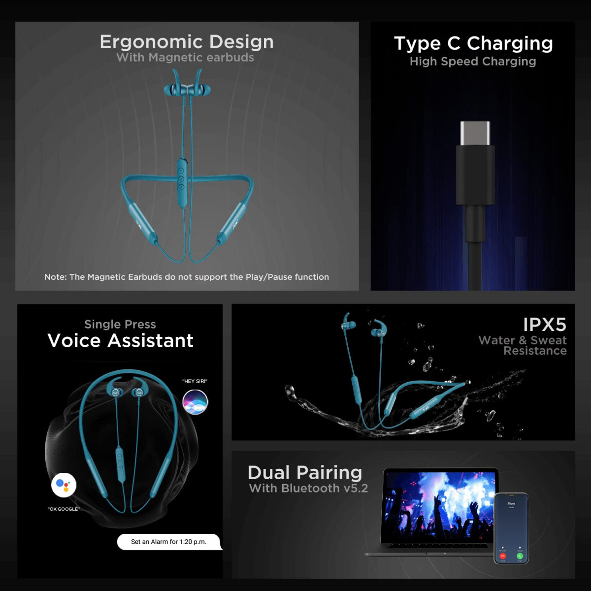 boAt Rockerz 330 Pro in-Ear Bluetooth Neckband with 60HRS Playtime ASAP Charge ENx Tech Signature Sound BT v52 Dual Pairing IPX5 with Mic Teal Green