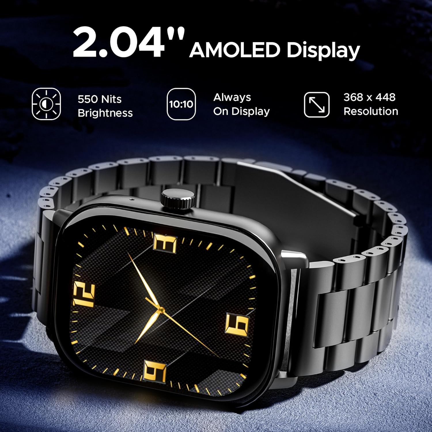 boAt Wave Spectra w 204 6 cm AMOLED Display BT Calling Functional Crown Metal Built Always-on Display Animated Watch Faces Smart Watch for Men  WomenSteel Black