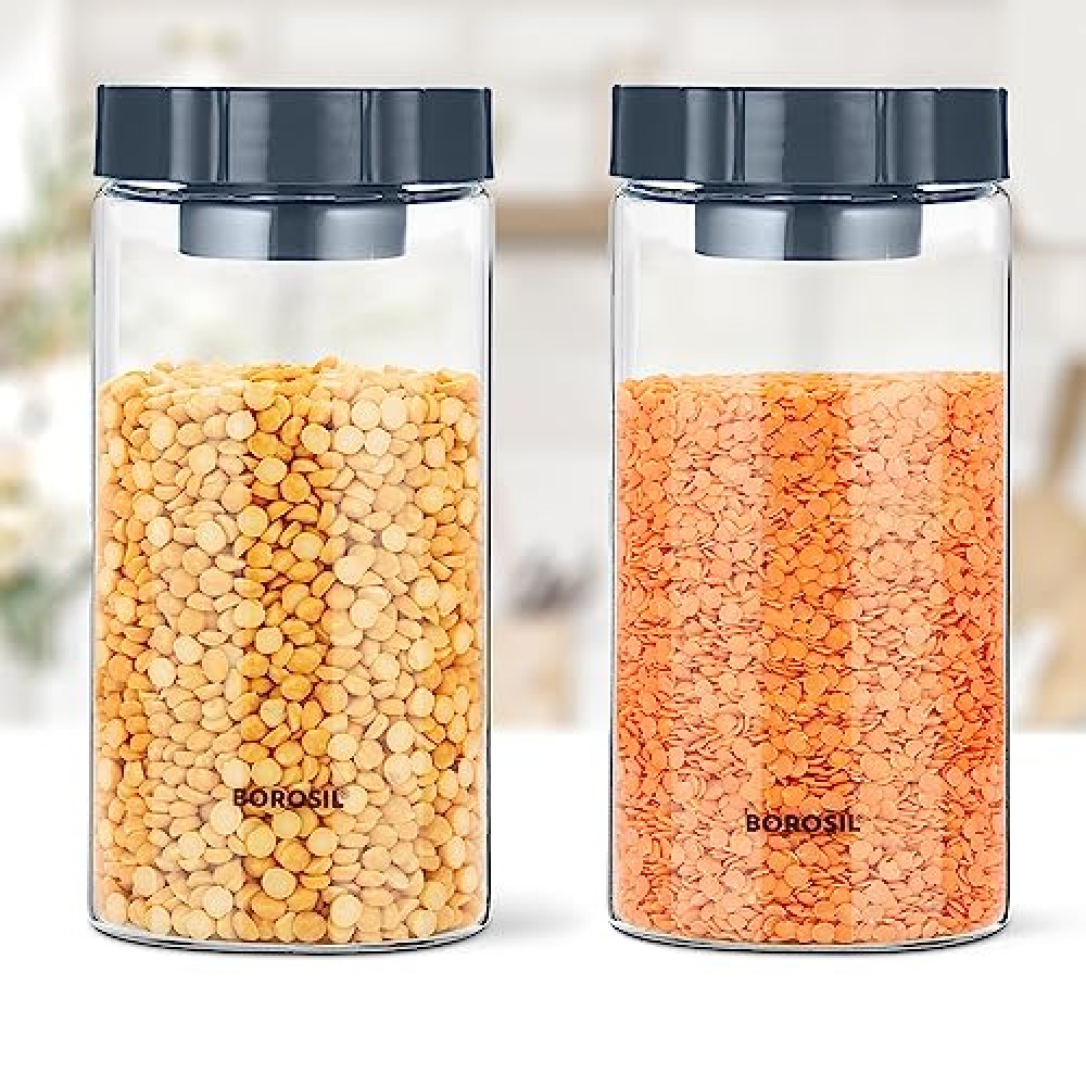 Borosil EasyScoop Endura Glass Jar With PP Lid & Scoop Cup, Set of 2 (1.2 L  each), Air-Tight Storage Container For Kitchen, Glass Jar For Storing  Spices, Dals, Grains, Rice, Clear With