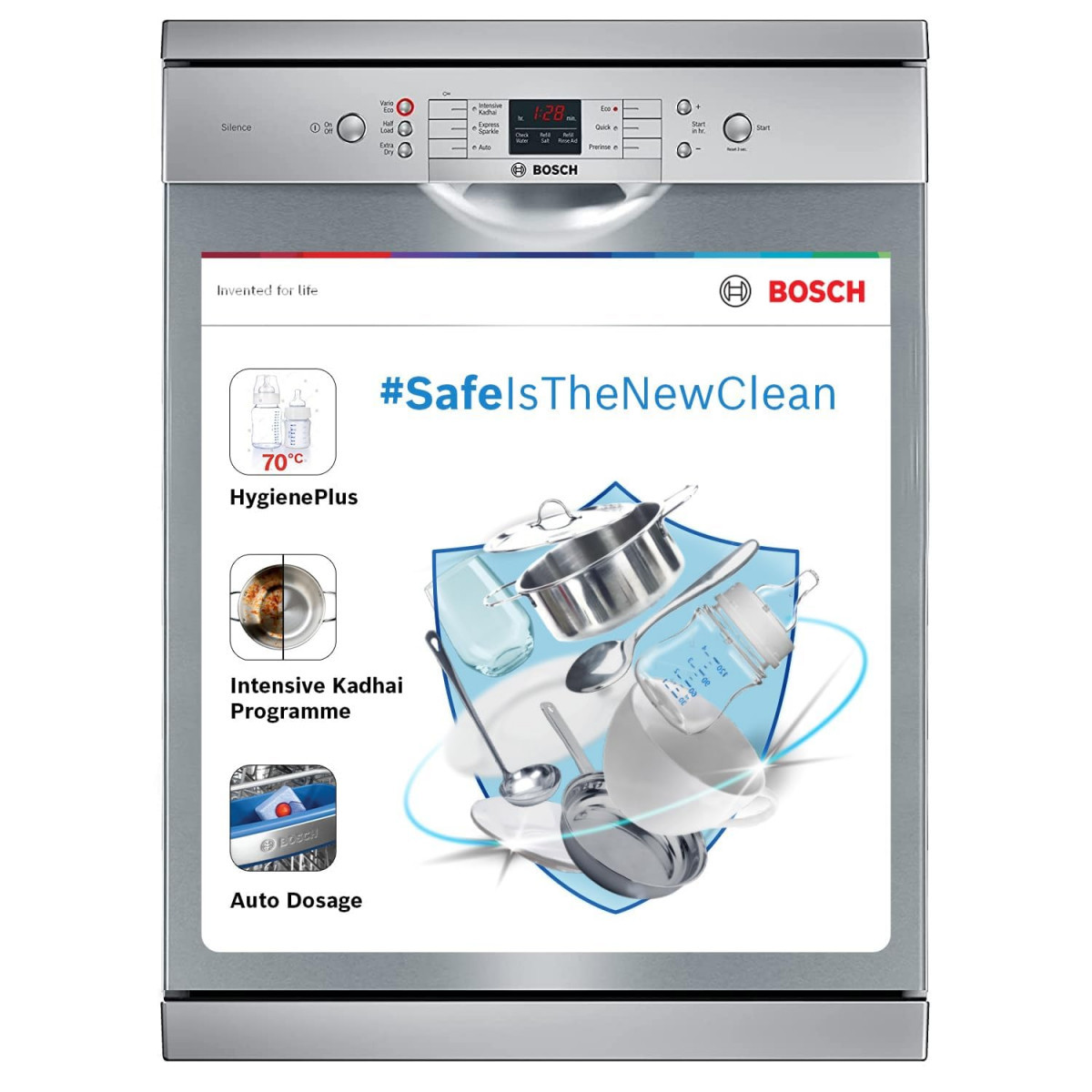 Bosch 13 Place Settings Free Standing Dishwasher SMS66GI01I Silver Inox extra dry and hygienic wash