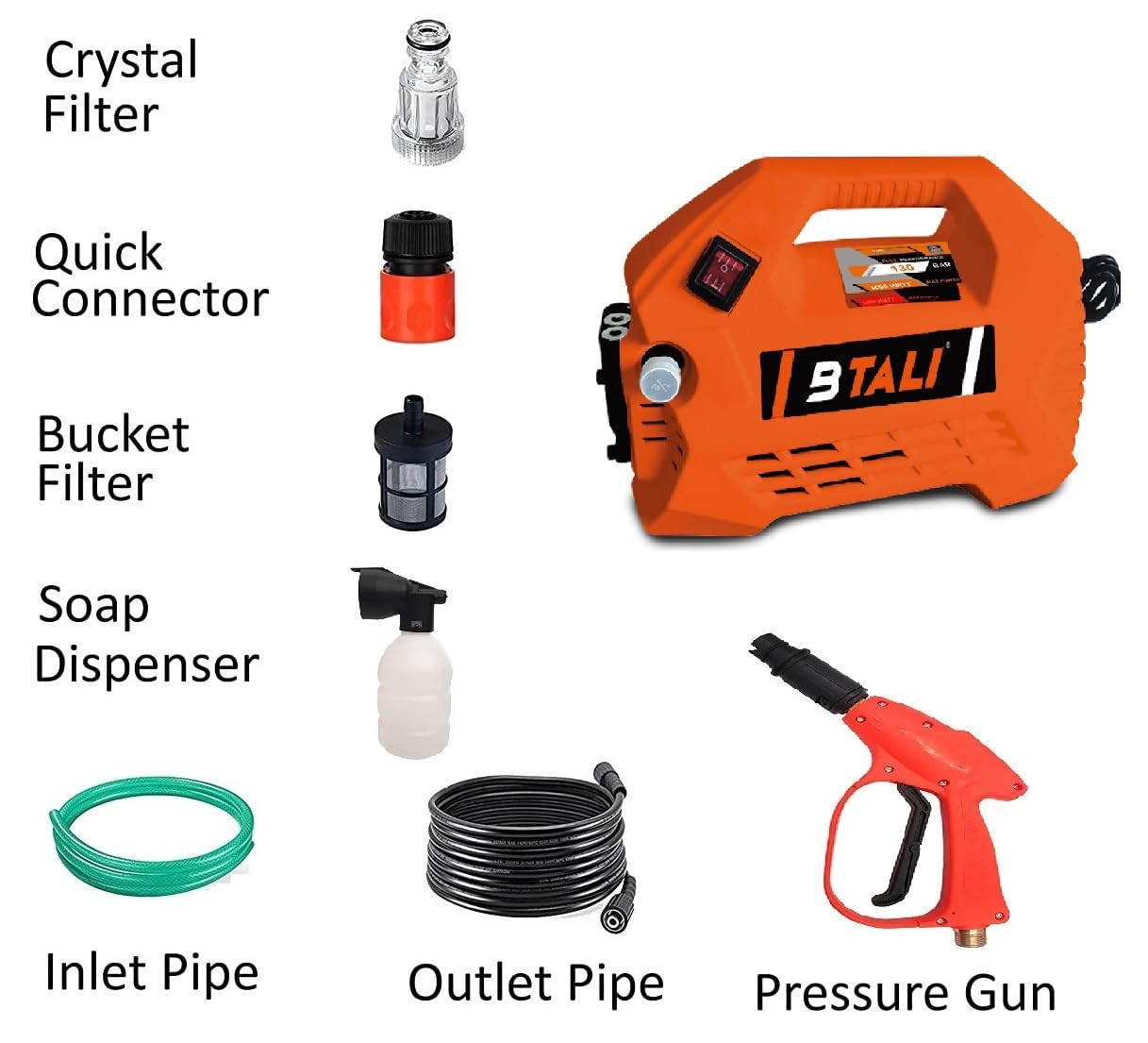 BTALI High Pressure Washer 1600 Watt 130 Bar with Hydraulic Outlet Hose and Heavy Gun Pressure Washer