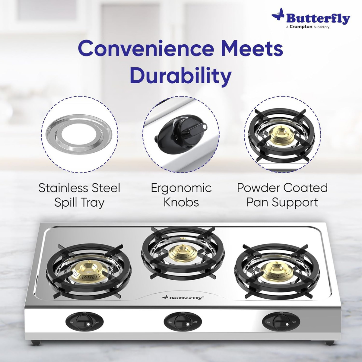 Butterfly Bolt Shakti 3B Stainless Steel Lpg Gas Stove  Saves 1 Gas Cylinder  Indias First Bee 2 Star Rated Gas Stove  Jumbo Burner  High Thermal Efficiency - Open