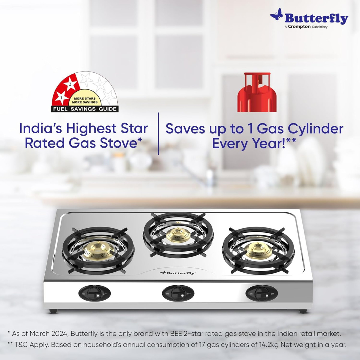 Butterfly Bolt Shakti 3B Stainless Steel Lpg Gas Stove  Saves 1 Gas Cylinder  Indias First Bee 2 Star Rated Gas Stove  Jumbo Burner  High Thermal Efficiency - Open