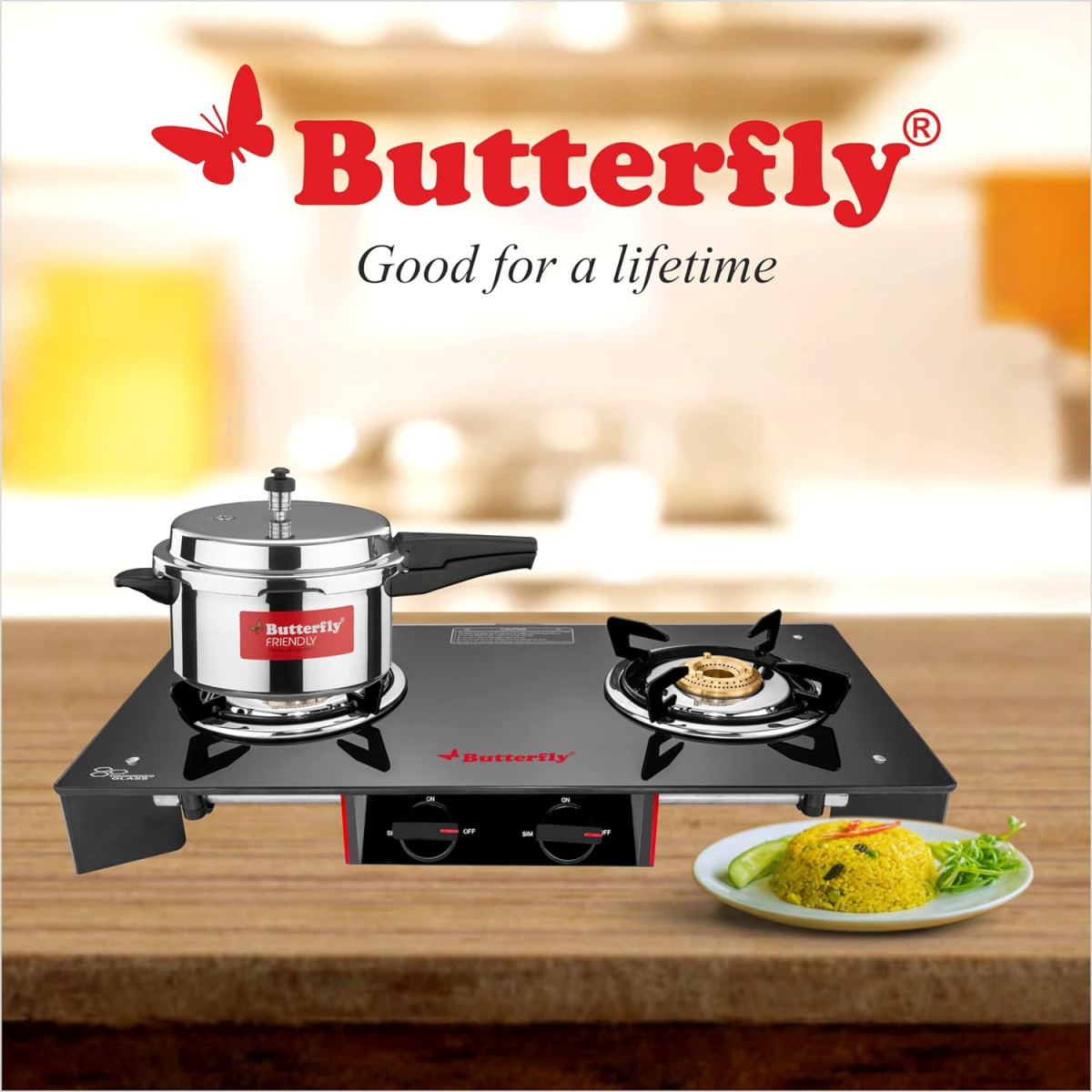 Butterfly Rapid Deluxe Frameless Glasstop Gas Stove 2 Burners Open Black