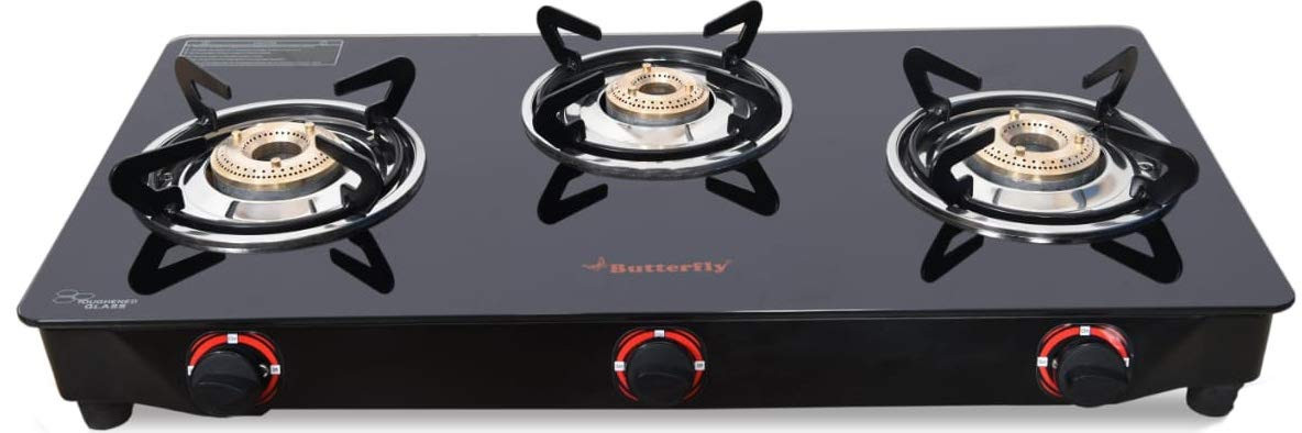 Butterfly Smart Glass 3 Burner Gas Stove Black Manual Ignition