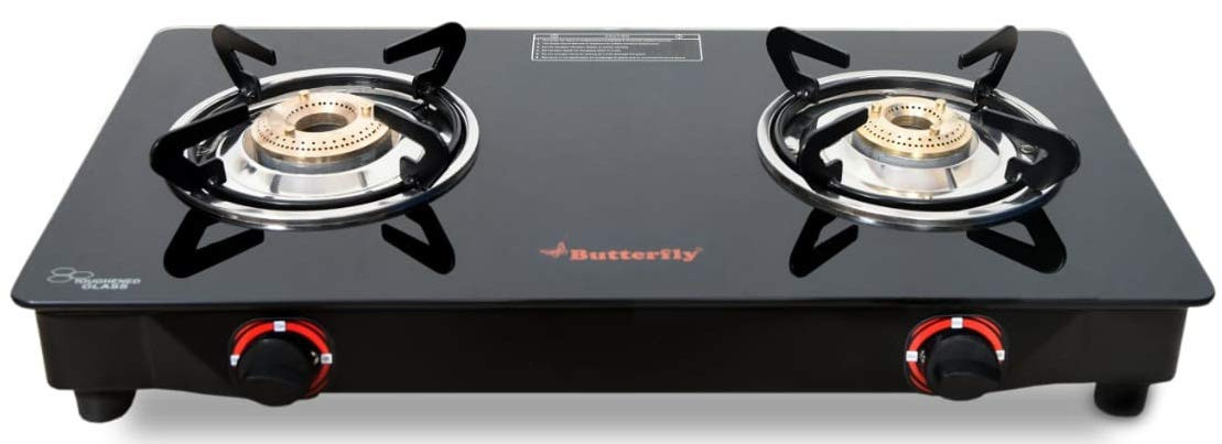 Butterfly Smart Glass Top 2 Burner Open Gas Stove Black Manual Ignition