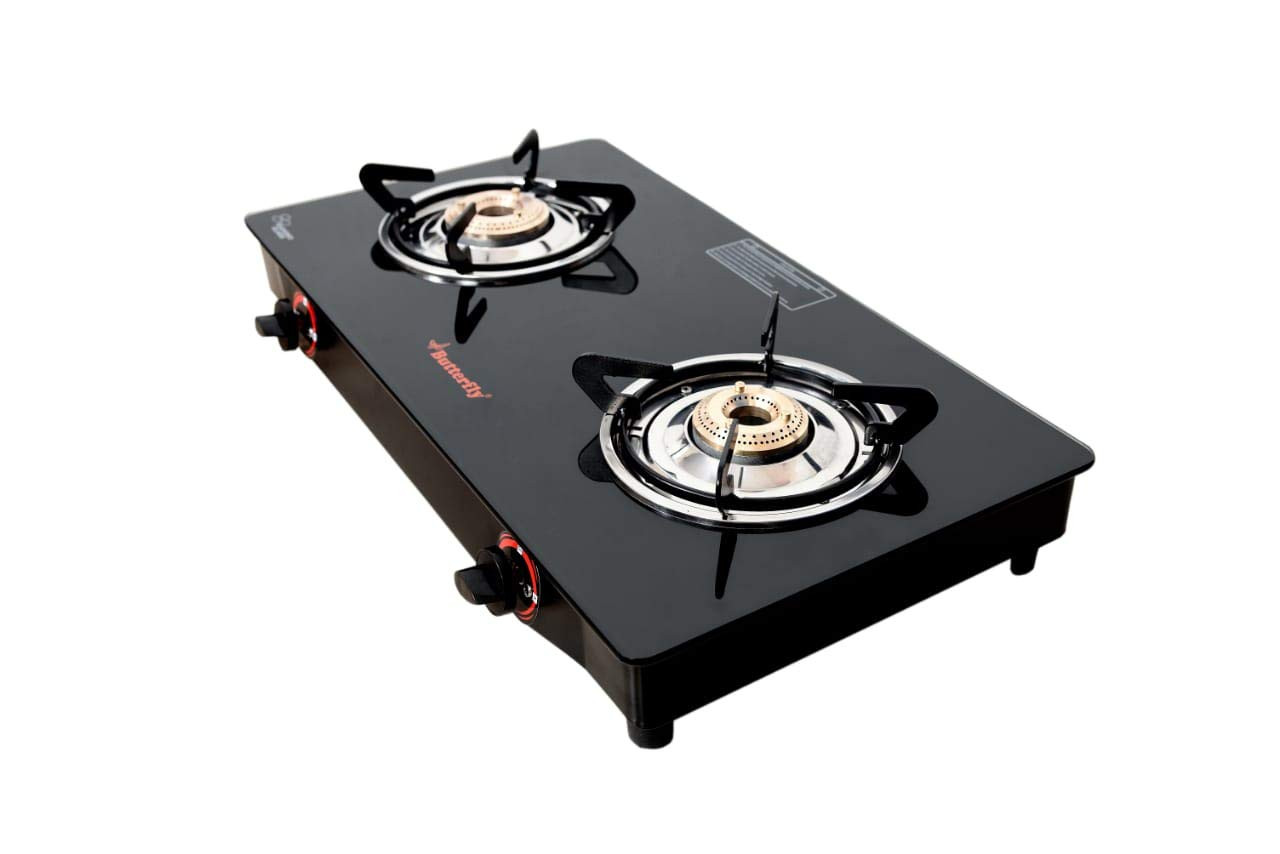 Butterfly Smart Glass Top 2 Burner Open Gas Stove Black Manual Ignition