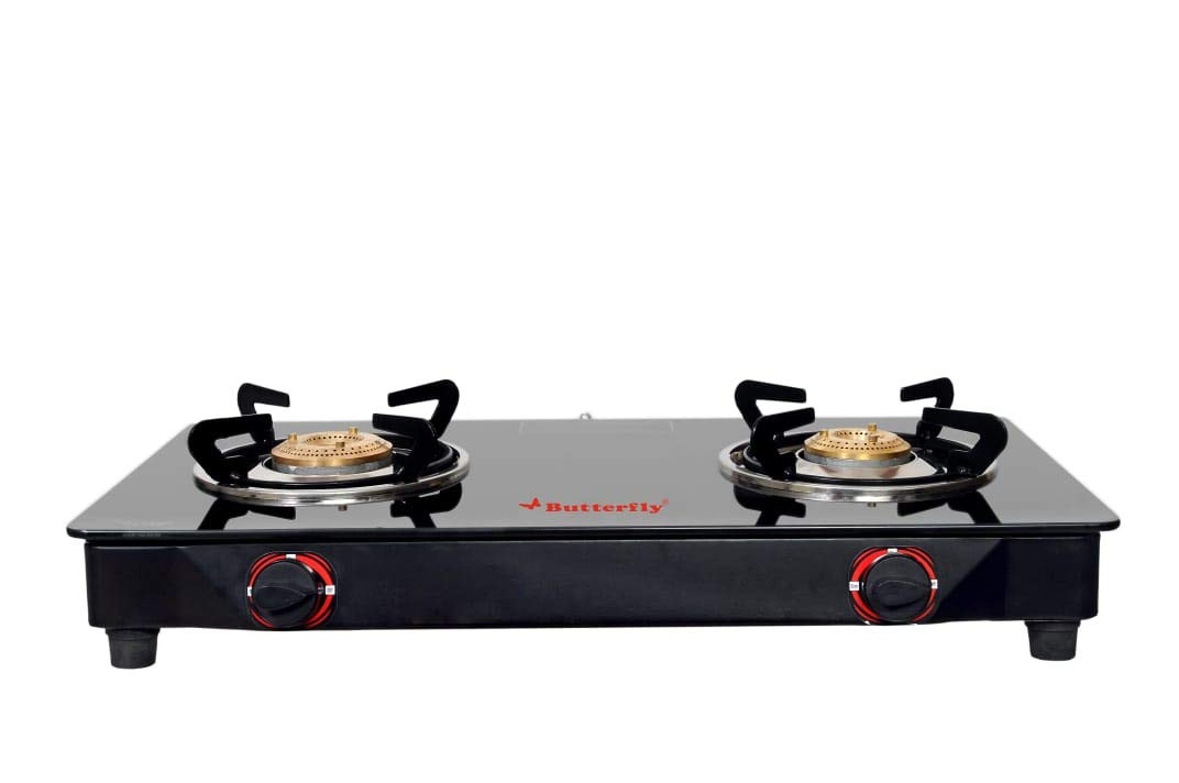 Butterfly Smart Glass Top 2 Burner Open Gas Stove Black Manual Ignition