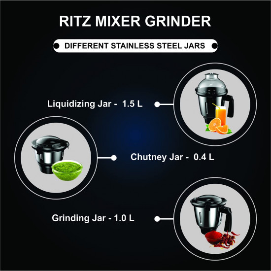 Crompton Ritz 750-Watt Mixer Grinder with Anti-Bacteria  Anti-Odour N9 Plastix Technology 3 Stainless Steel Jars Matte Black ACGM-RITZ