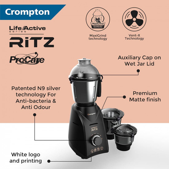 Crompton Ritz 750-Watt Mixer Grinder with Anti-Bacteria  Anti-Odour N9 Plastix Technology 3 Stainless Steel Jars Matte Black ACGM-RITZ