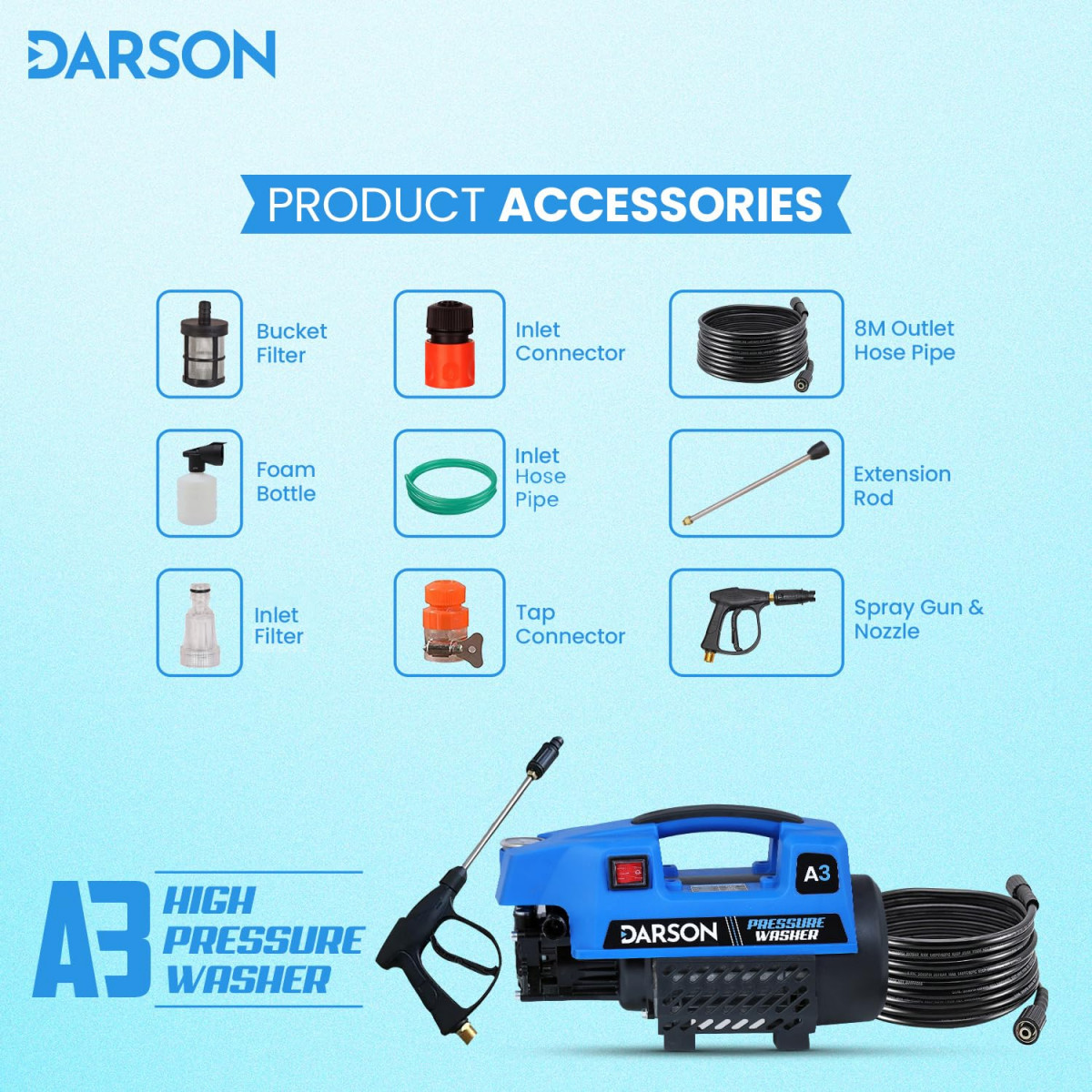 Darson A3 High Pressure Washer Car Washer Machine 2100 Watts 160 Bars 8LMin Flow Rate 8 Meters Outlet Hose Pipe Portable for Car Bike  Home Cleaning