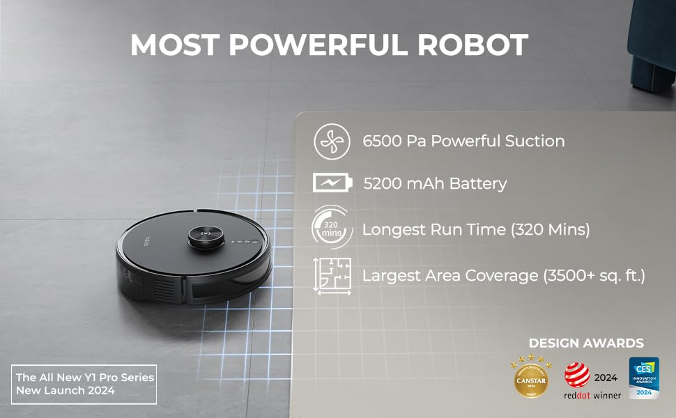 ECOVACS Deebot Y1 PRO 2-in-1 Robot Vacuum Cleaner 2024 New Launch 6500 Pa Powerful Suction 5200 mAh Battery Covers 3500 Sq Ft in One Charge Advanced Navigation Technology  True Mapping