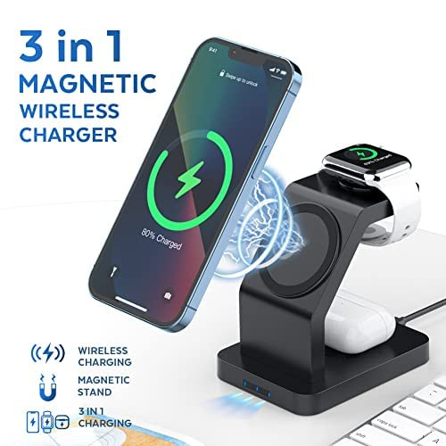 eller sant Wireless Charger 3in1 23W Magnetic Mag-Safe for iPhone 1616 Plus16 Pro16 Pro Max iPhone 1515 Plus15 Pro15 Pro Max iPhone 141312 Airpods 3rd2nd gen Series 987654SE-Black