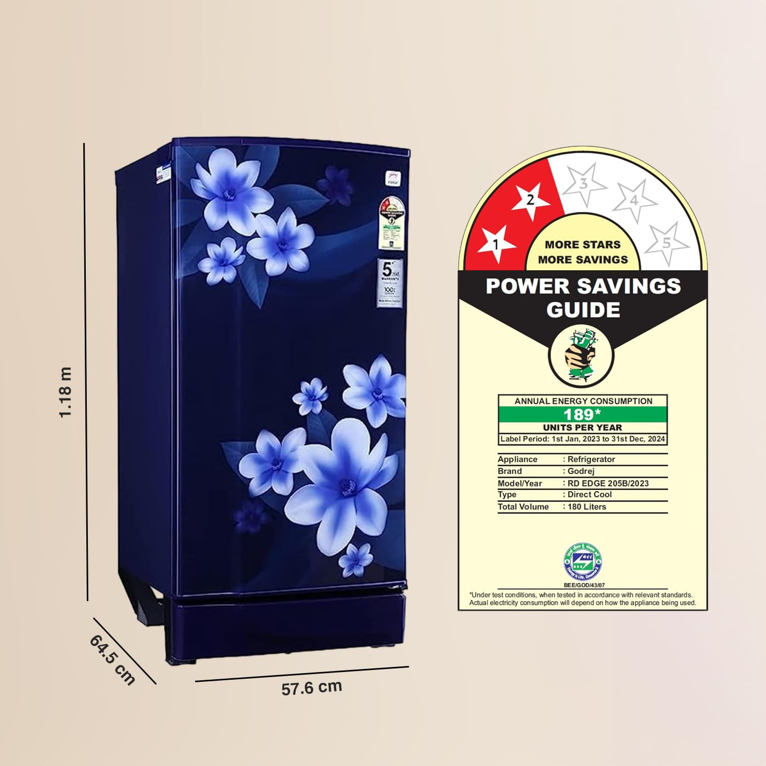 Godrej 180 L 2 Star Advanced Capillary Technology With Jumbo Vegetable Tray Direct Cool Single Door Refrigerator2023 Model RD EDGE 205B WRF PP BL Pep Blue