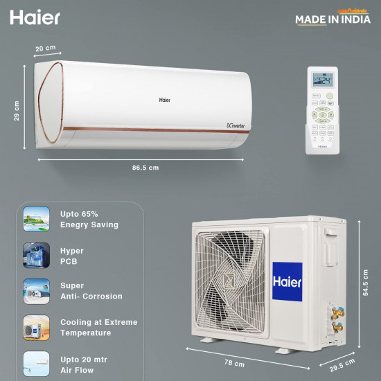 Haier 1 Ton 3 Star WiFi Inverter Split AC Copper Convertible 7 in 1 Cooling Modes Antibacterial 2023 Model HSU13K-PYFR3BE1-INV White