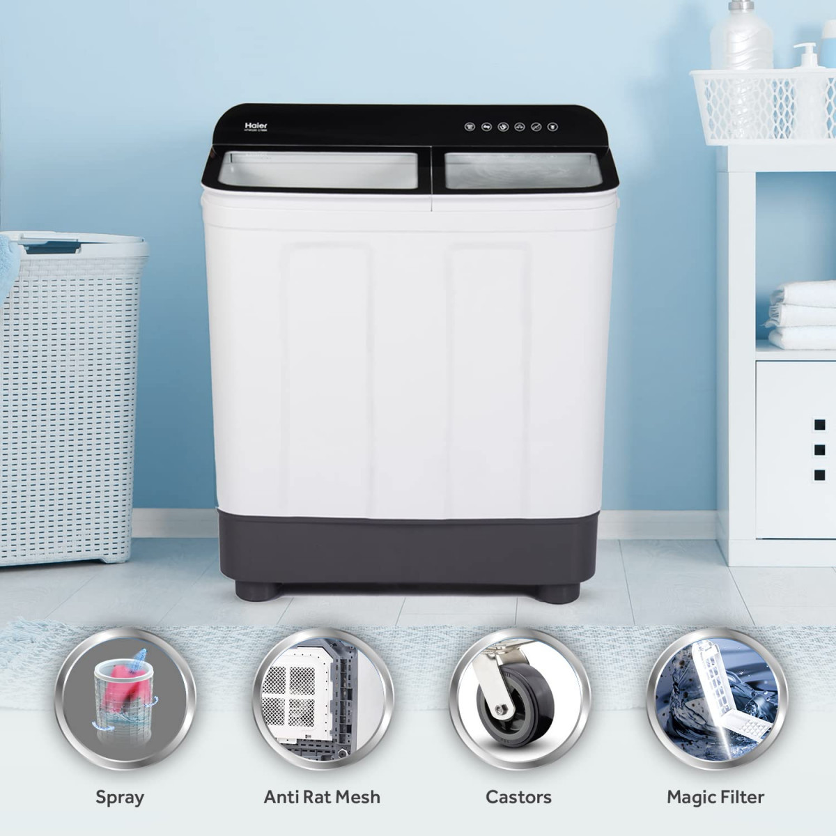 Haier 10 Kg 5 star SEMI Automatic Top Loading Washing Machine HTW100-178BK BLACK Toughened Glass Anti Bacterial Softfall Technology  Magic Filter anti bacterial vortex Pulsator