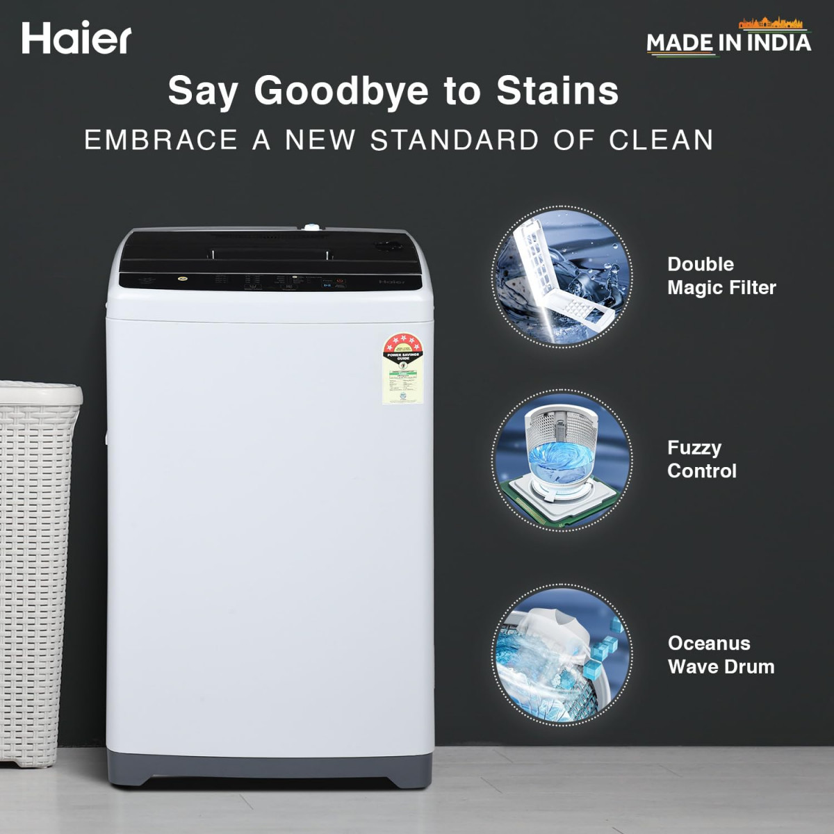 Haier 6 Kg 5 star Fully Automatic Top Loading Washing Machine HWM60-AE Titanium Grey 2024 Oceanus Wave DrumNear Zero Pressure