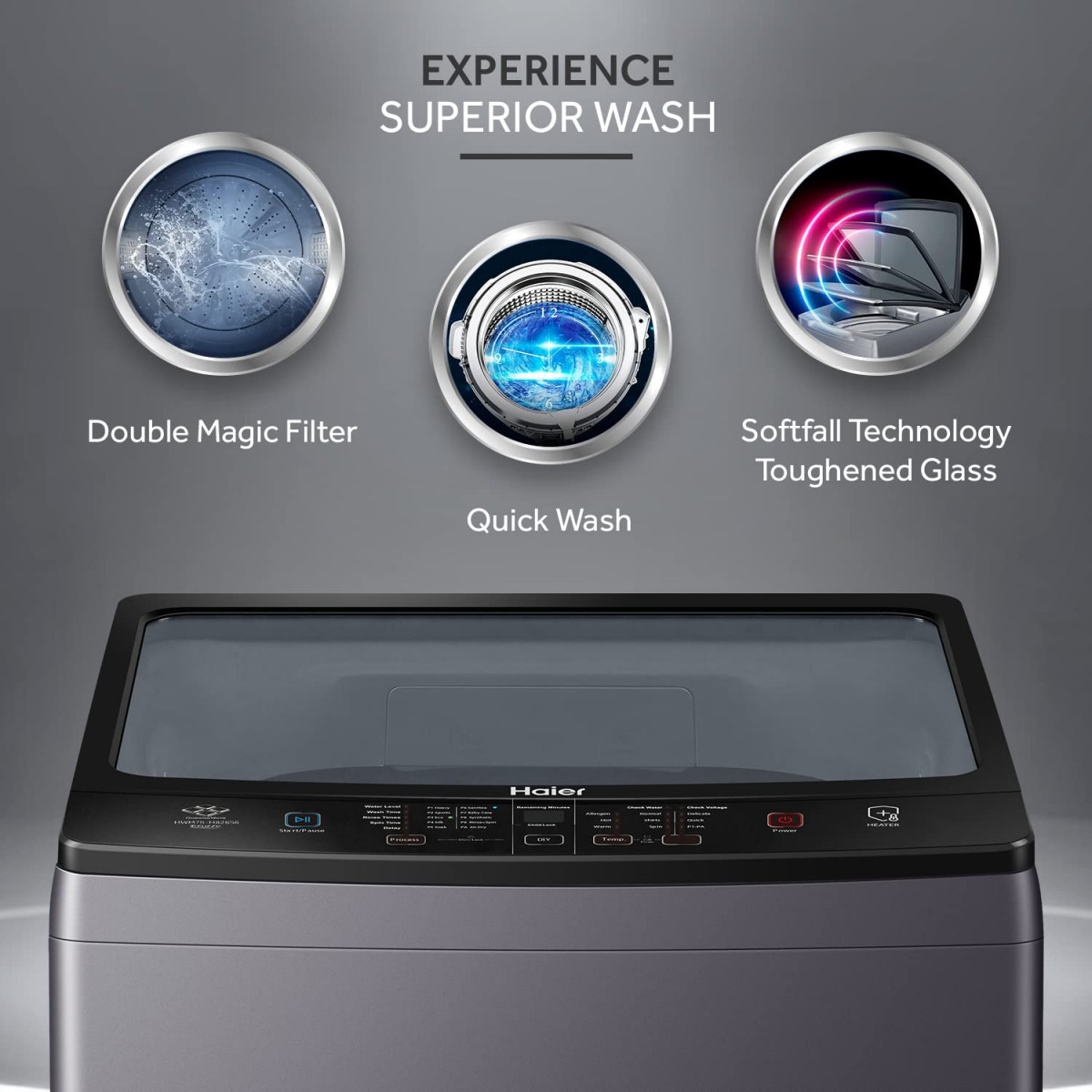 Haier 75 Kg 5 star Fully Automatic Top Loading Washing Machine HWM75-H826S6 Starry Silver 2024 Butterfly Shape Heater Oceanus Wave DrumNear Zero Pressure Toughened glass