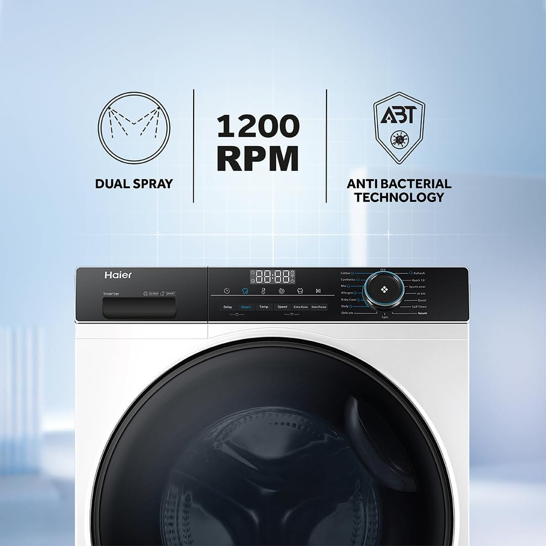 Haier 8 Kg 5 star Fully Automatic Front Load Washing Machine HW80-IM12929C Ice white 2024 Super Drun 525 Inverter motor 1200 RPM Puri Steam