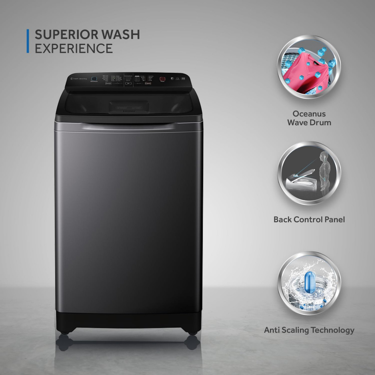 Haier 9 Kg 5 star Fully Automatic Top Loading Washing Machine HSW90-678ES8 Dark Jade Silver 2024 Anti Scaling Technology Oceanus Wave Drum Toughened Glass