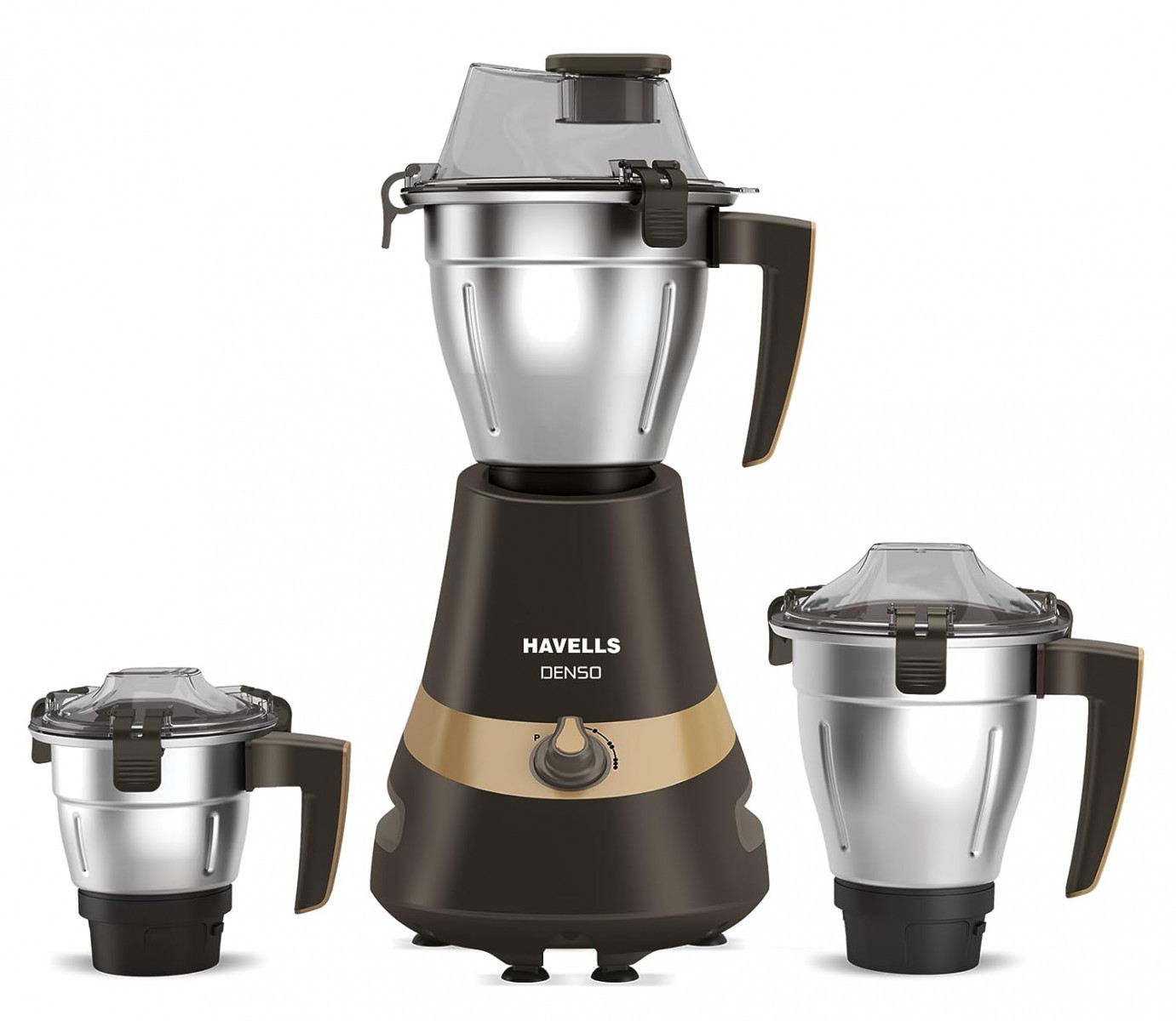 Havells Denso Heavy Duty 900 Watts 3 Jar Mixer Grinder Ball Bearing Copper Motor 21000 RPM Large Size Break Resistant Alluminium Collar Jars with Flow Breaker 5Years Motor Warranty Dark Brown