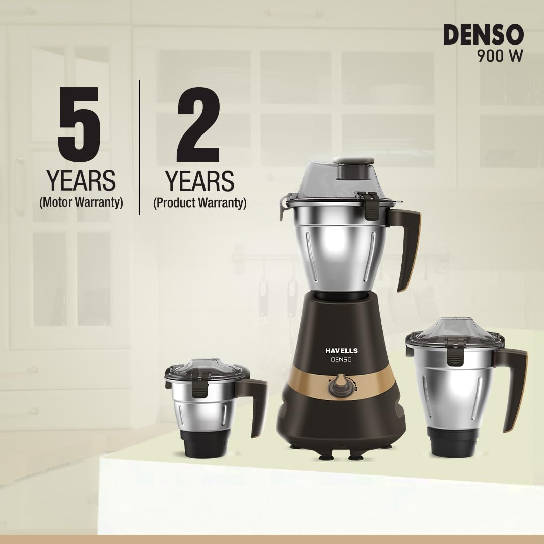 Havells Denso Heavy Duty 900 Watts 3 Jar Mixer Grinder Ball Bearing Copper Motor 21000 RPM Large Size Break Resistant Alluminium Collar Jars with Flow Breaker 5Years Motor Warranty Dark Brown