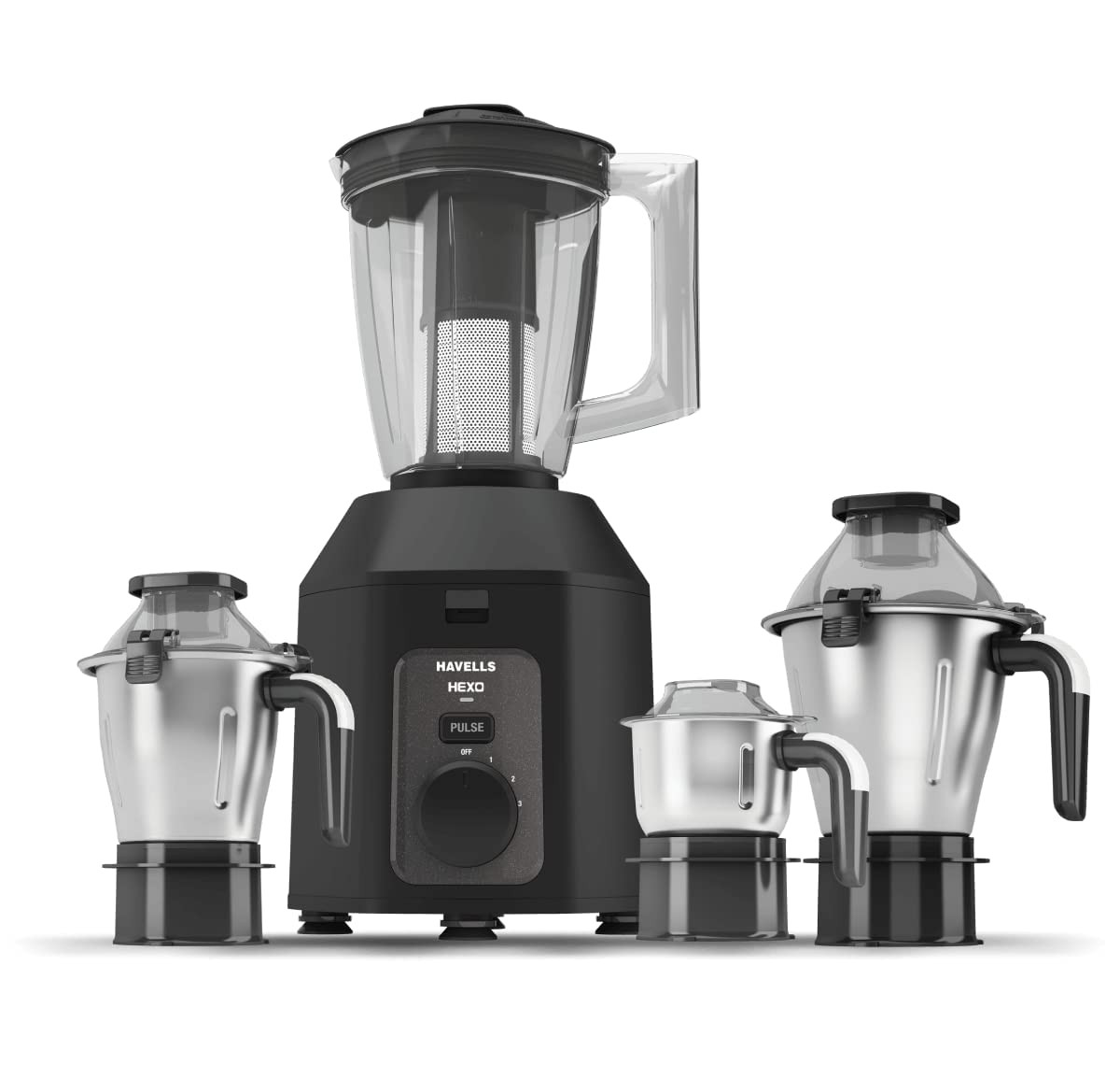 Havells Hexo Plus 1100 watts 4 Jar Mixer Grinder I 25 Kg Double Ball Bearing Copper Motor I 22000 RPM I 100 Minutes Run Time I Metal Teeth Coupler  Jar Base IPolycarbonate Jar Lids with Lock