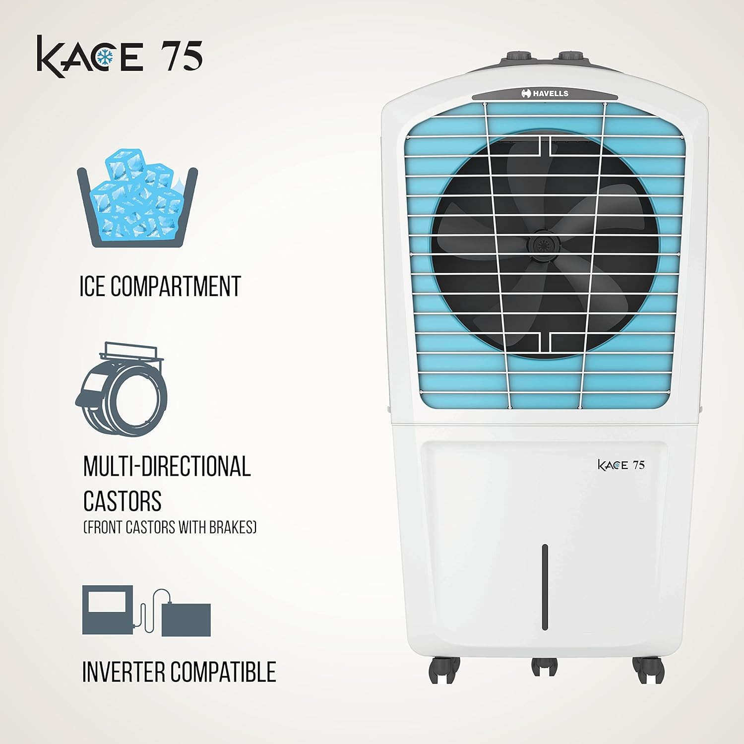 Havells Kace 75L Desert Air Cooler for home  Powerful Air Delivery  Everlast Pump  Ice Chamber 3 Side High Density Honeycomb Pads  Heavy Duty WhiteBlue