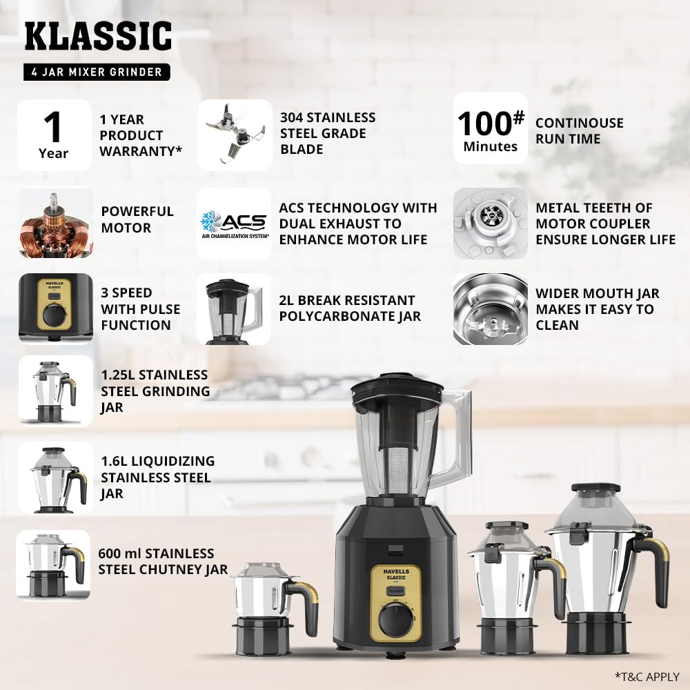 Havells Klassic 1000 watts 4 Jar Mixer Grinder I 25 Kg Double Ball Bearing Copper Motor I 22000 RPM I 100 Minutes Run Time I Metal Teeth Coupler  Jar Base I Polycarbonate Jar Lids with Lock Grey