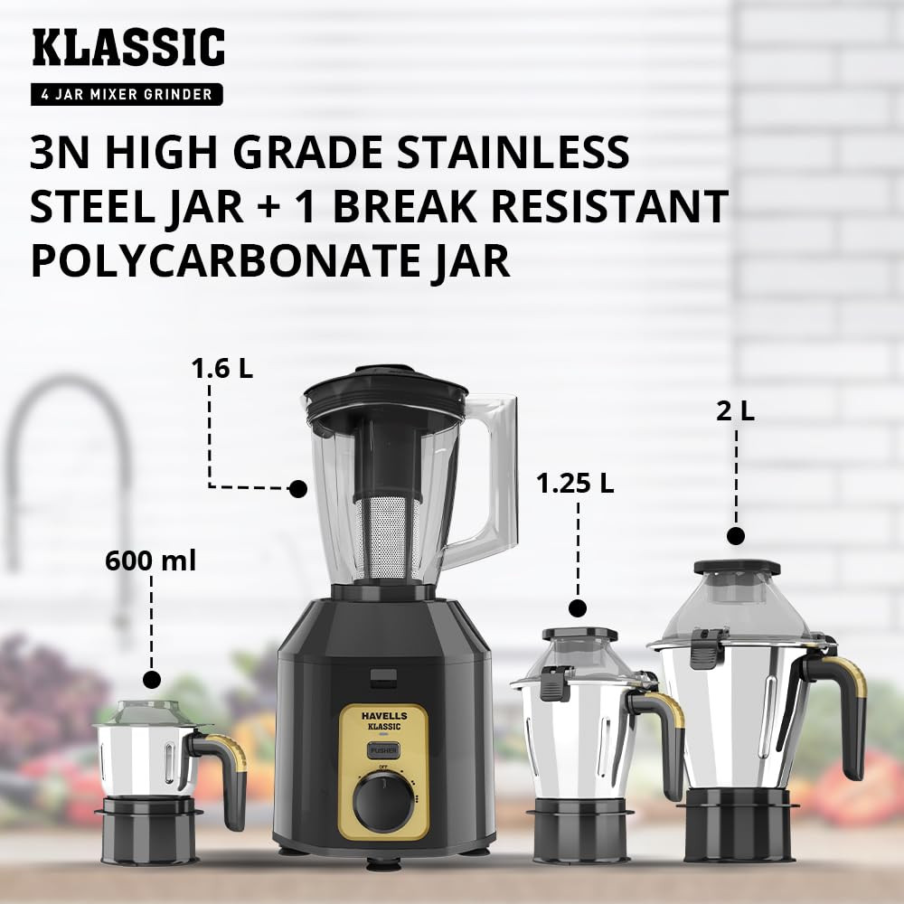 Havells Klassic 1000 watts 4 Jar Mixer Grinder I 25 Kg Double Ball Bearing Copper Motor I 22000 RPM I 100 Minutes Run Time I Metal Teeth Coupler  Jar Base I Polycarbonate Jar Lids with Lock Grey