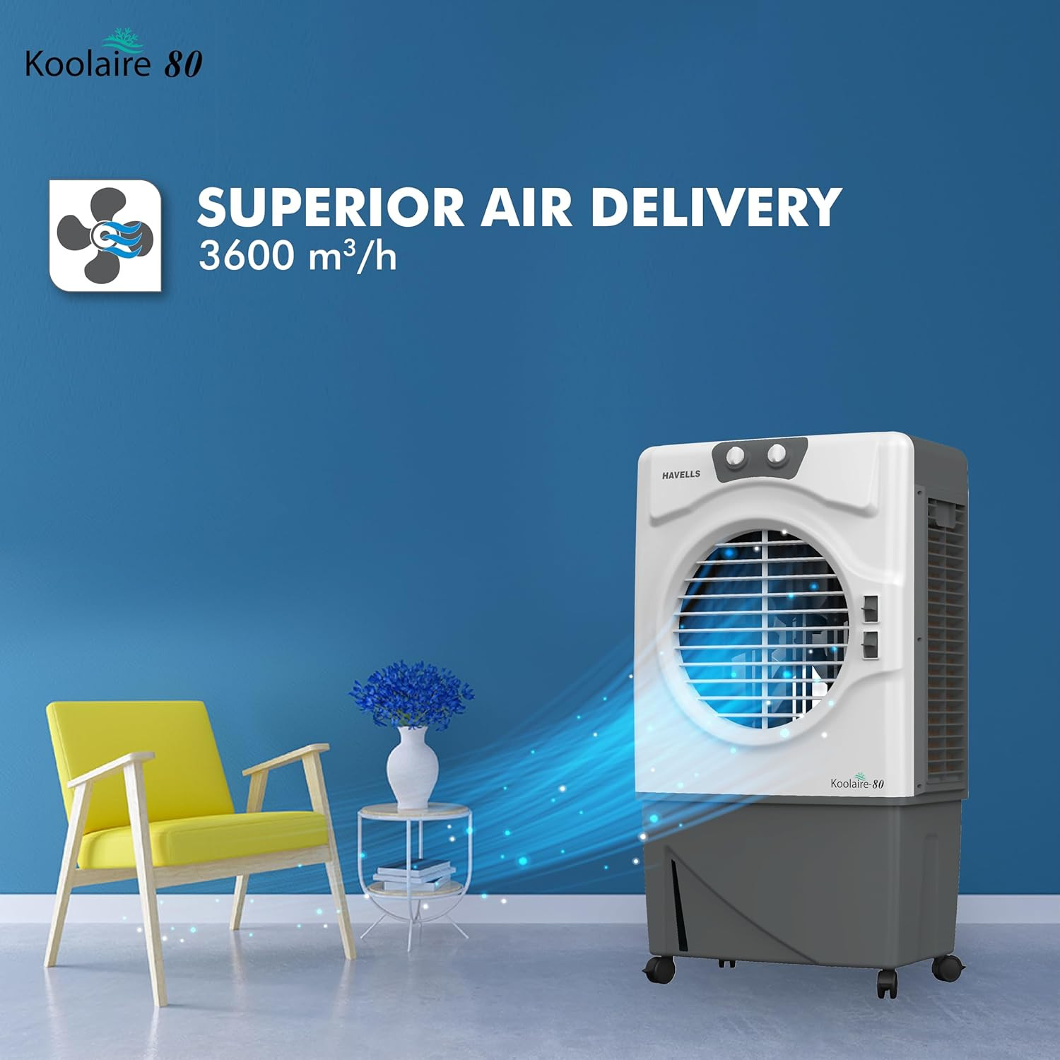 Havells Koolaire 80L Desert Air Cooler for home  Powerful Air Delivery  Everlast Pump  5 Leaf Metal Blade Fan  Bacteria Shield High Density Honeycomb Pads  Heavy Duty WhiteGrey