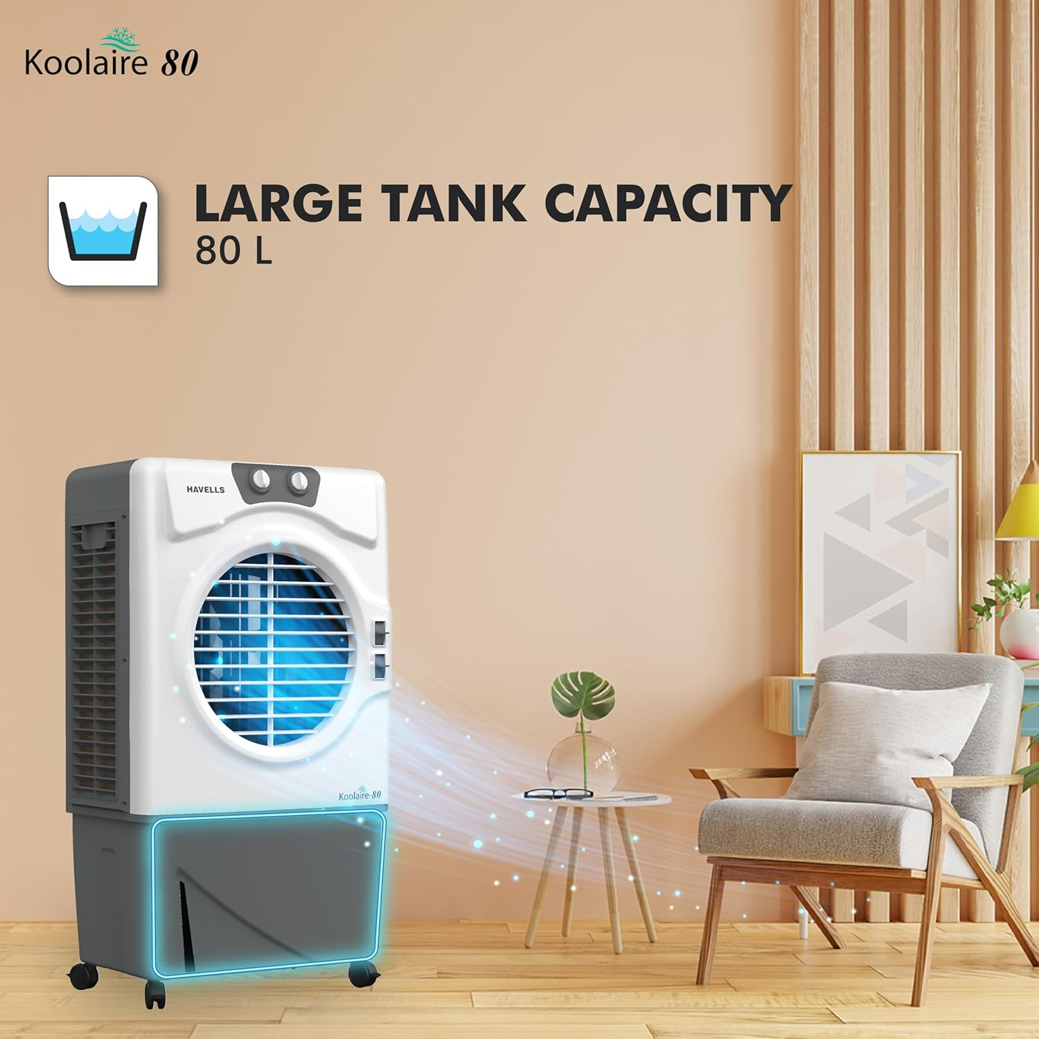 Havells Koolaire 80L Desert Air Cooler for home  Powerful Air Delivery  Everlast Pump  5 Leaf Metal Blade Fan  Bacteria Shield High Density Honeycomb Pads  Heavy Duty WhiteGrey