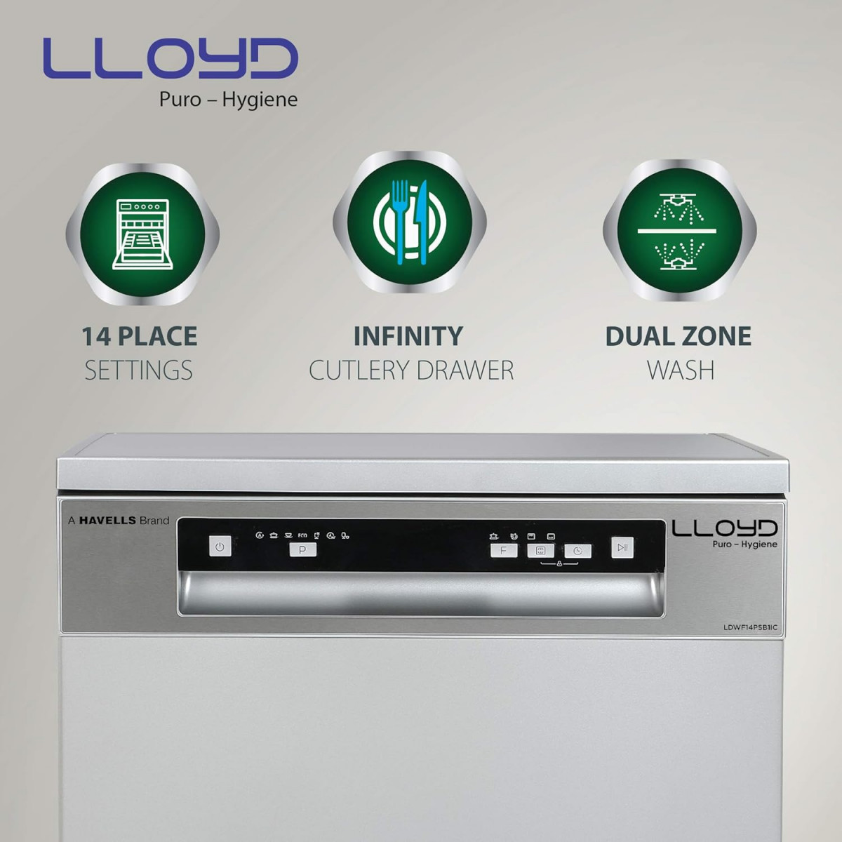 Havells-Lloyd Puro Hygiene LDWF14PSB1IC 14 Place Settings 99 Germs Free with Sparkle Clean Technology