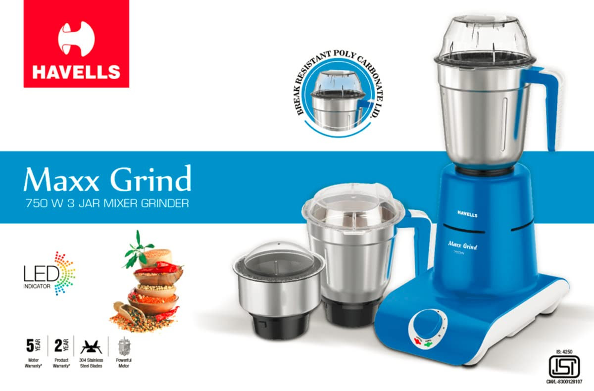 Havells Maxx Grind 750 watt Mixer Grinder with 3 Wider Mouth Stainless Steel Jar Hands Free Operation SS-304 Grade Blade Overload Indicator  5 Year Motor Warranty Blue