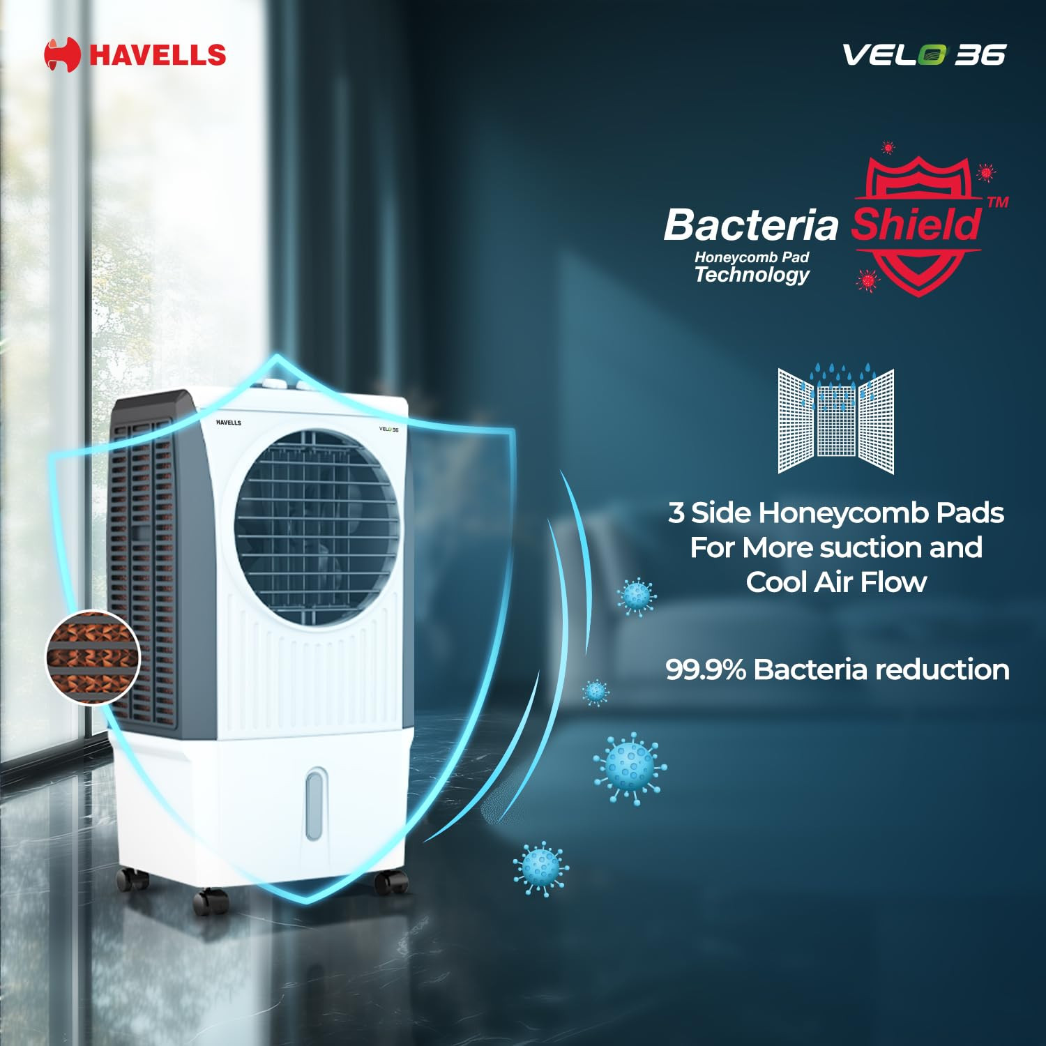 Havells Velo 36 L Personal Air Cooler for RoomPowerful Air-DeliveryWith Fan  3 Side Bacteria Shield Honeycomb PadsDouble Ball Bearing MotorFront Wheels with BrakesAerodynamically designed blades