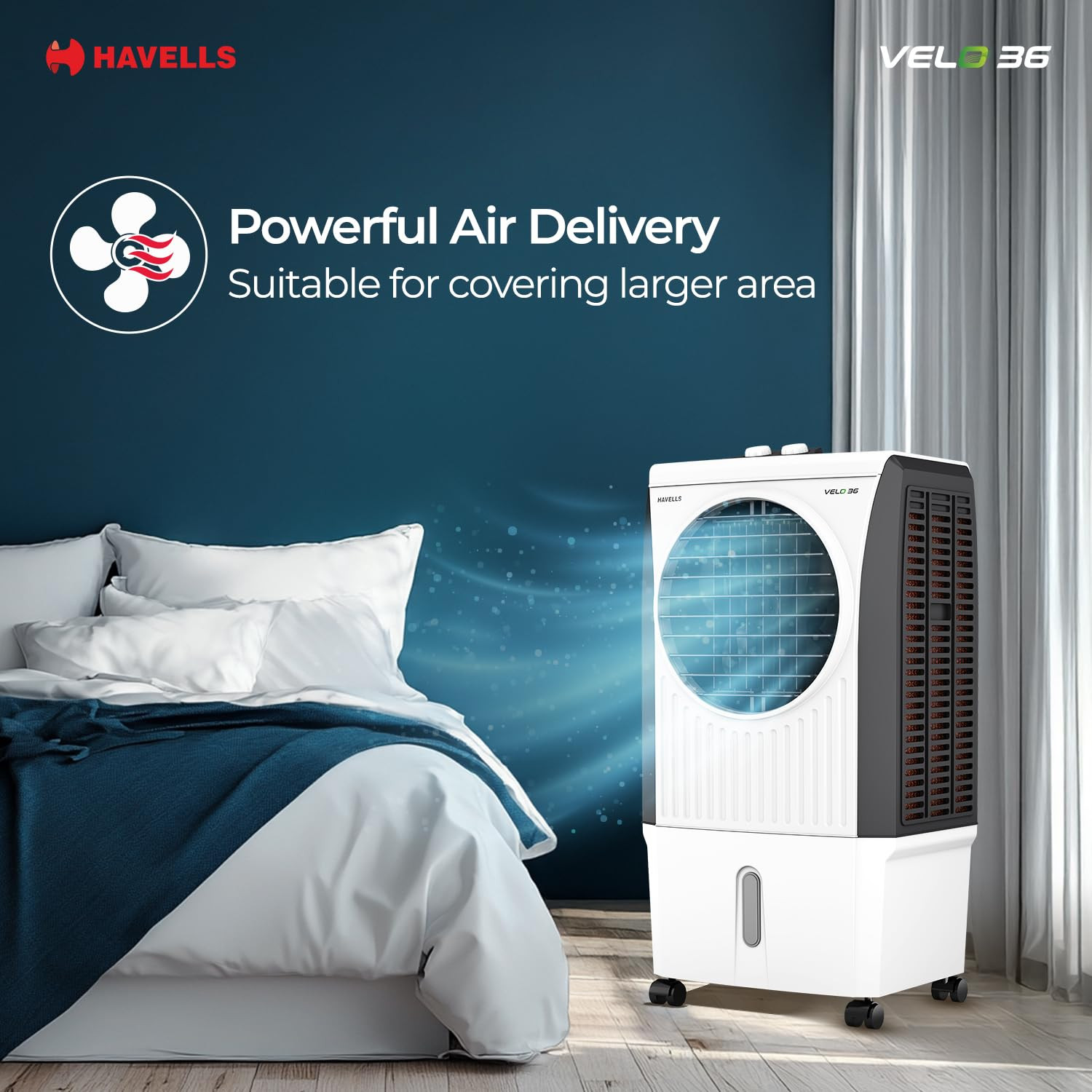 Havells Velo 36 L Personal Air Cooler for RoomPowerful Air-DeliveryWith Fan  3 Side Bacteria Shield Honeycomb PadsDouble Ball Bearing MotorFront Wheels with BrakesAerodynamically designed blades