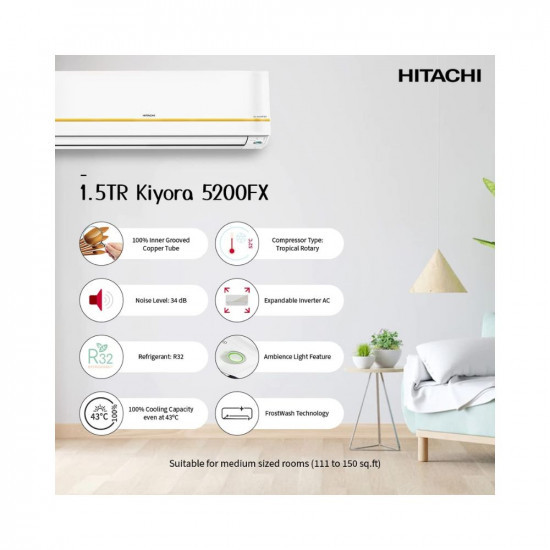 Hitachi Split Ac - 15 Ton Kiyora 5200Fx I Fresh Inverter - R32 - RSRG518FFEO Gold