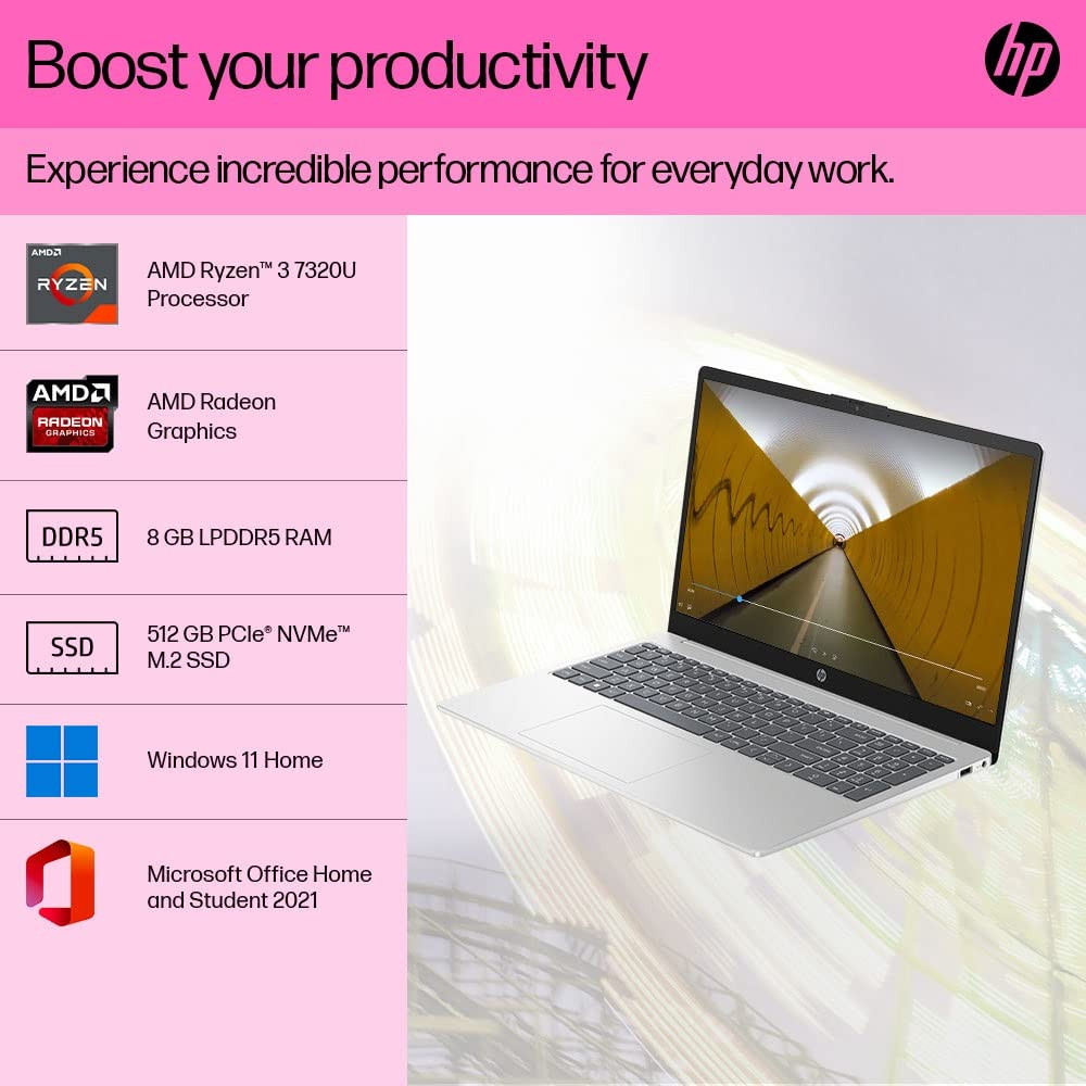 HP 15 AMD Ryzen 3 7320U 8GB Ram512GB SSDFhd156 396 CmBacklit KeyboardWindows 11Ms Office 21159KgSilver Fc0026Au Laptop