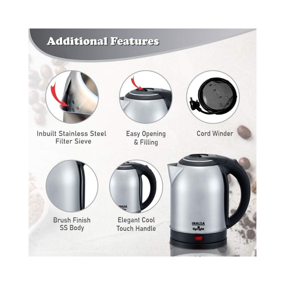 Inalsa Electric Kettle Upright 18-Litre 1500-Watt Stainless-Steel Finish BlackSilver