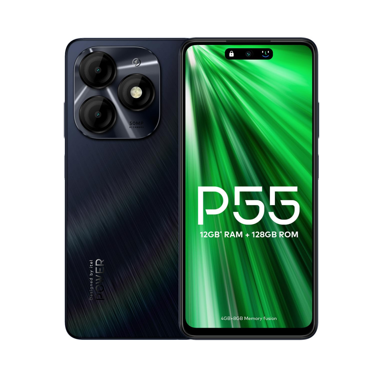 itel P55 4G  Upto 12GB RAM with Memory Fusion  128GB ROM 50MP AI Dual Rear Camera  8MP Front Camera 5000mAh Battery with 18W Charger  Dynamic BarUFS 22 Moonlit Black