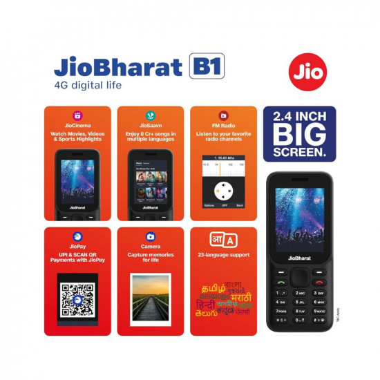 JioBharat B1 4G Keypad Phone with JioCinema JioSaavn JioPay UPI 24 Inch Big Display Powerful 2000mAh Battery Digital Camera  Black  Locked for JioNetwork