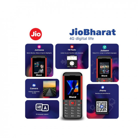 JioBharat K1 Karbonn 4G Keypad Phone with JioCinema JioSaavn JioPay UPI Long Lasting Battery LED Torch Digital Camera  BlackRed  Locked for JioNetwork